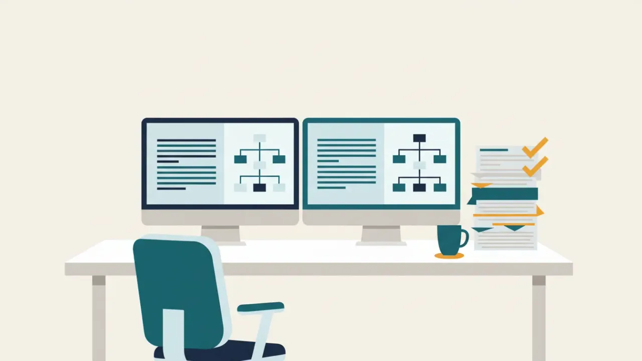 A desk with two monitors showing documents being remediated and a stack of finished files