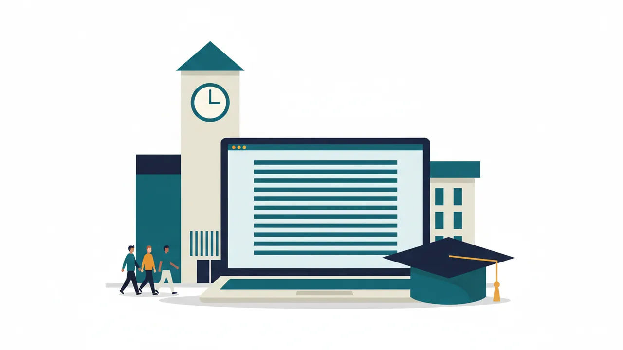 A university building, a laptop showing a course document and a graduation cap
