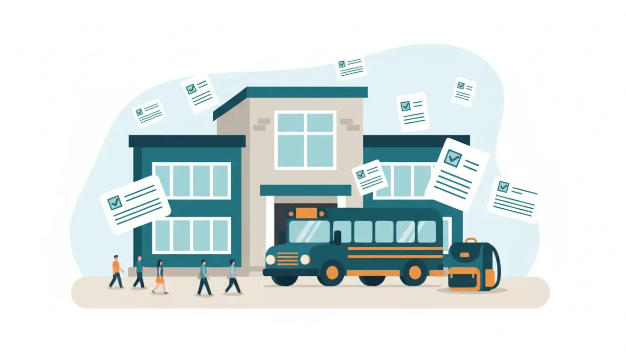 A school building and bus with newsletters and forms