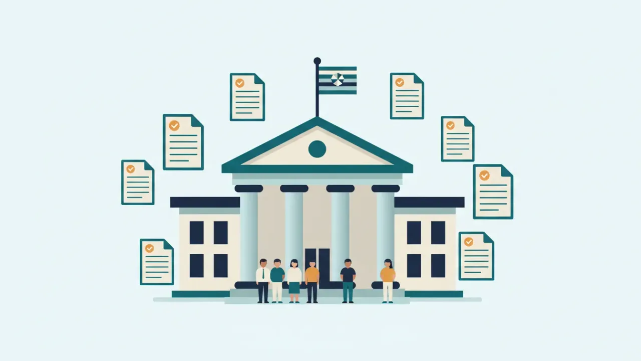 A city hall surrounded by public documents with checkmarks
