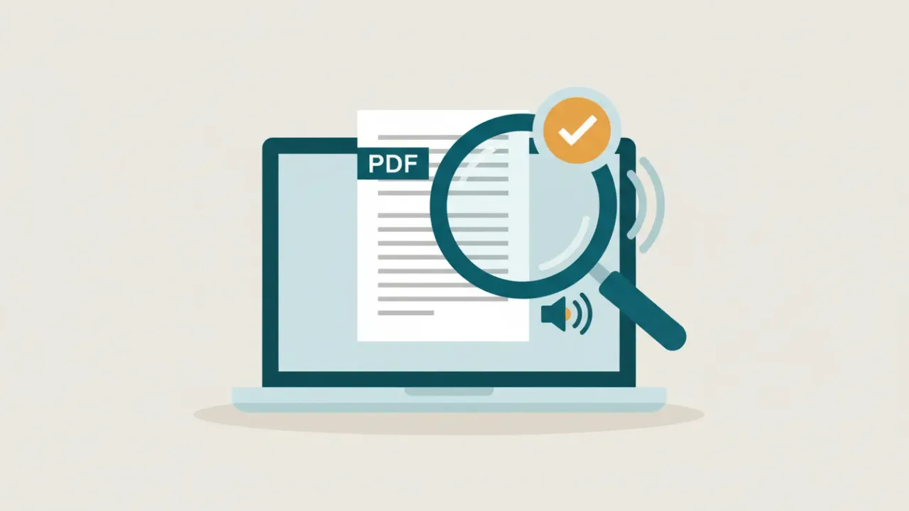 A PDF on a laptop being inspected with a magnifying glass while a screen reader reads it aloud