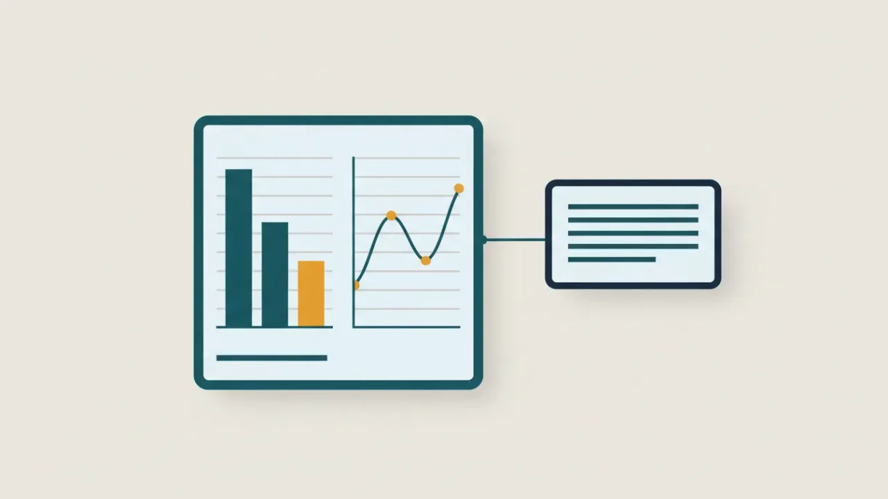 A bar chart and line graph on a page, connected to a short description card