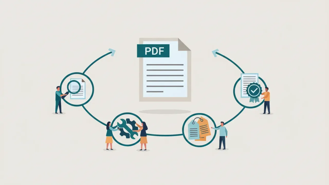 A PDF moving through four steps: check, fix, tag and verify