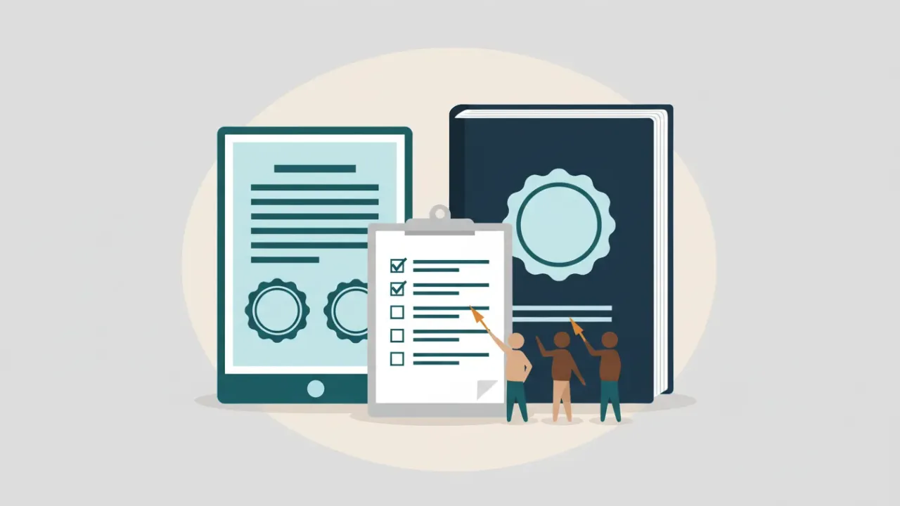 A PDF beside a standards book and a checklist of requirements