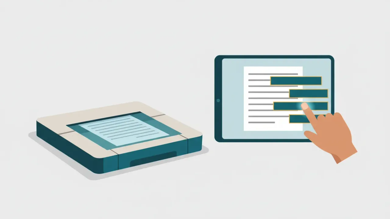 A paper page being scanned and turned into selectable digital text