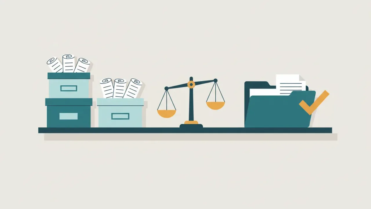 Archived documents on shelves beside a current document and a balance scale