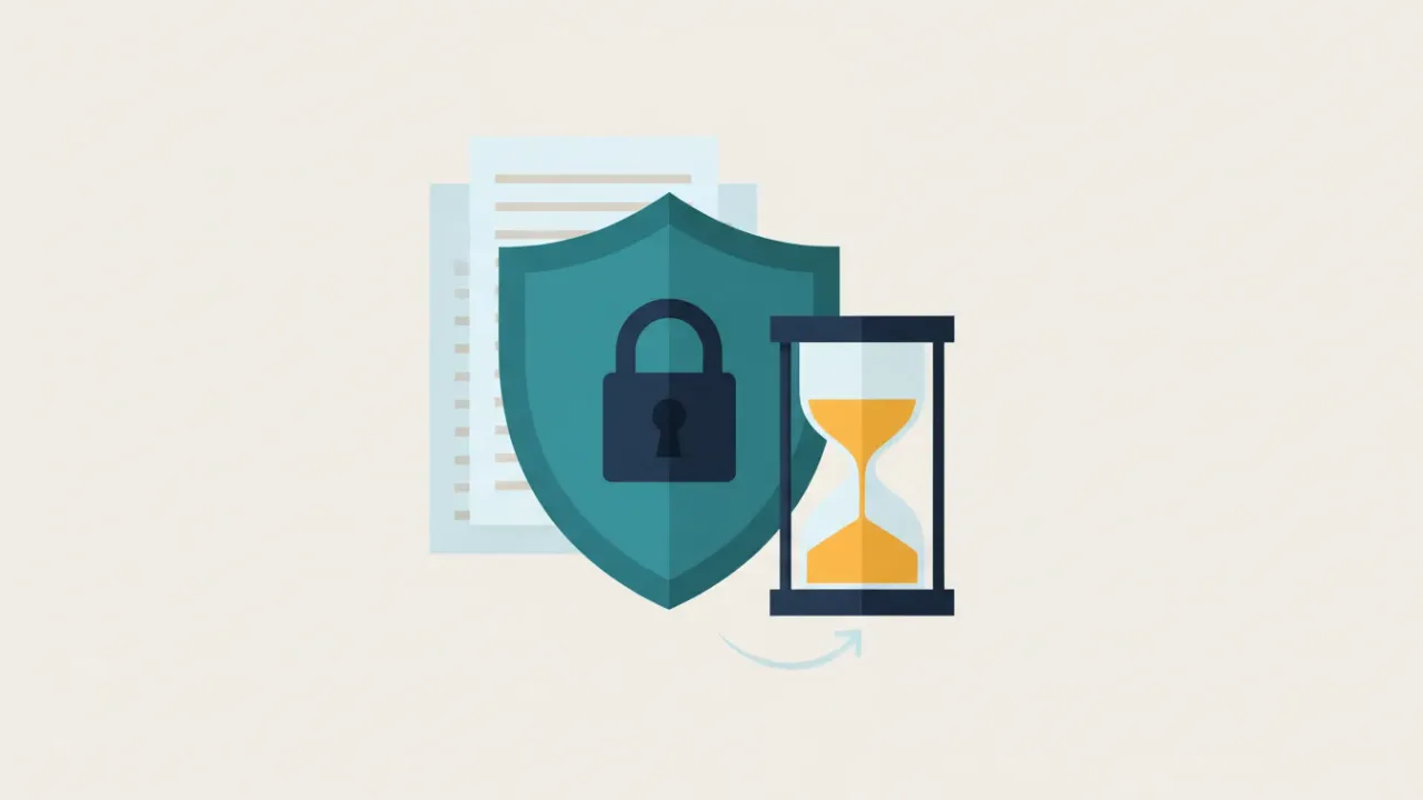 A shield and padlock protecting documents, with an hourglass for automatic deletion